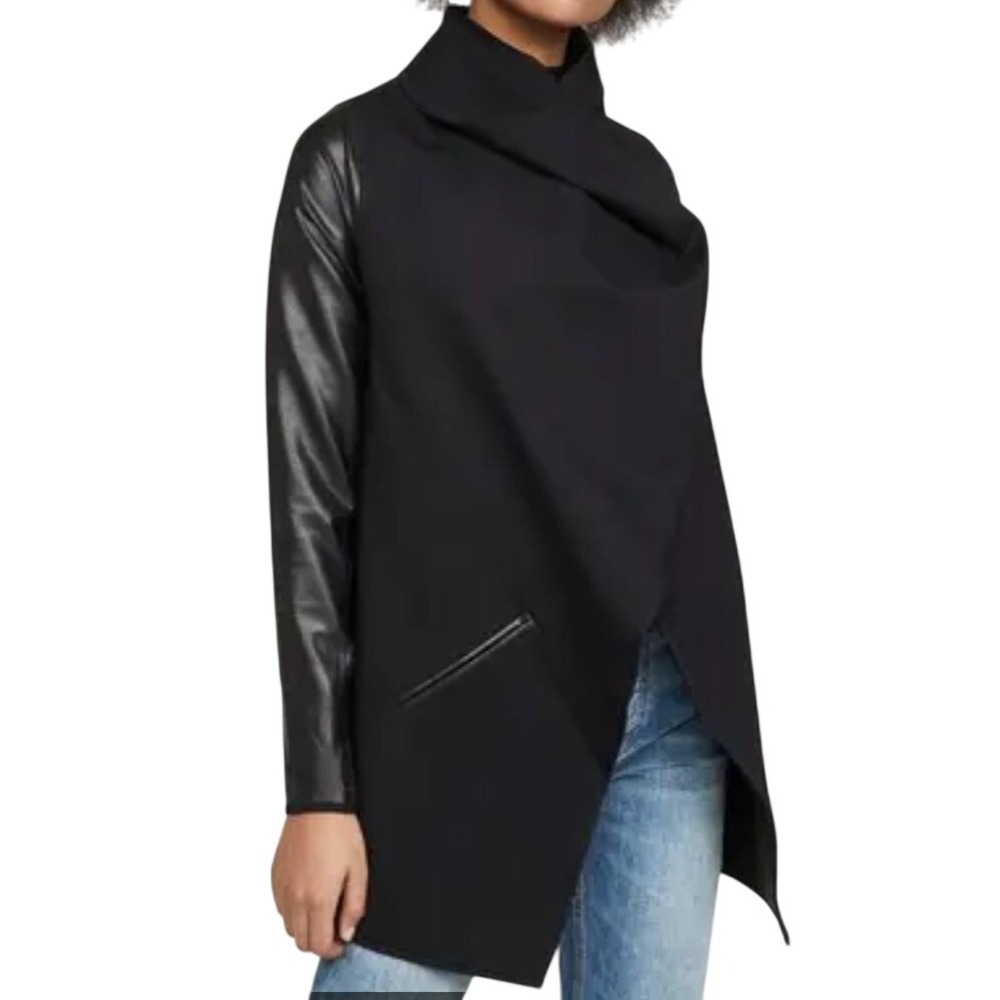 Spanx Black Draped Wrap Jacket Sweater Faux Leather Sleeves Cowl Neck Medium
